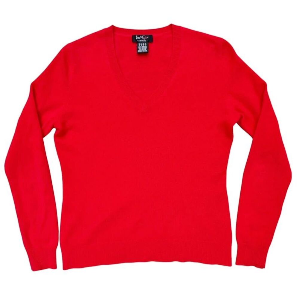 Lord Taylor 100% Cashmere V-Neck Sweater Cherry Red Classic Old Money - M